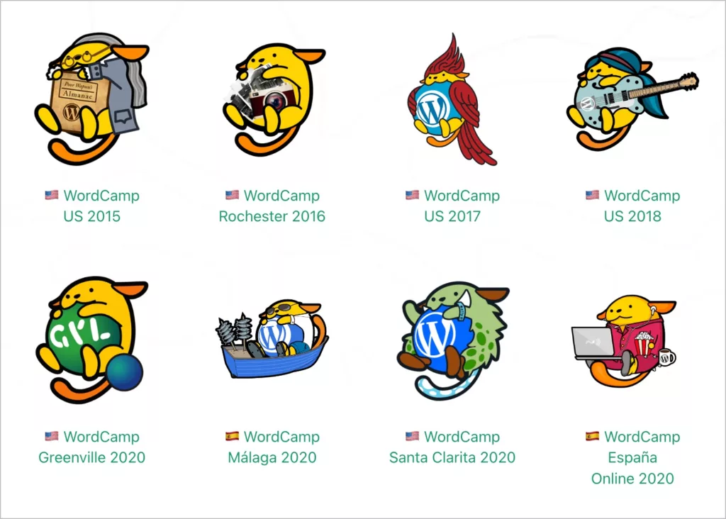 Eight of the Wapuu represented in the WordCamp Wapuu archive