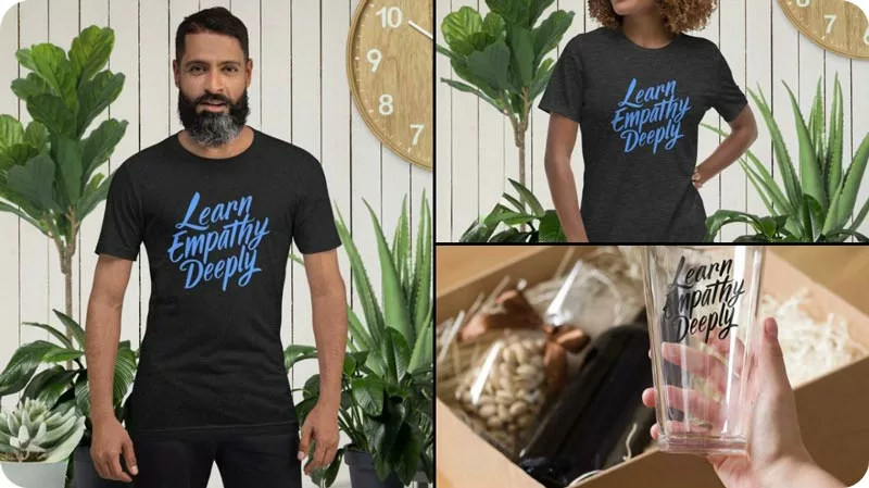 Shirts and a pint glass with hand-lettering that says "Learn Empathy Deeply"